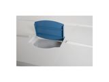 a close up of a blue toilet seat on a white wall