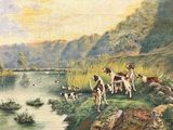un tableau représentant un groupe de chiens au bord d'une rivière
