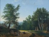 painting of a country road with cows and a man on a horse
