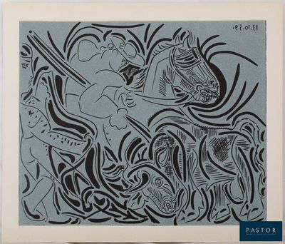 an image of a black and white drawing of a man on a horse