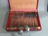 silverware in a red case on a table with spoons and spoons