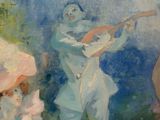 a painting of a man playing a guitar and a woman sitting on a bench