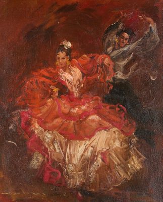 un tableau représentant une femme en robe rouge et un homme en costume noir