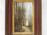 une peinture à l'huile représentant une route bordée d'arbres et une personne