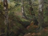 tableau représentant un paysage boisé avec des arbres et un ruisseau au premier plan