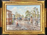 une peinture à l'huile représentant une scène de rue avec des personnes marchant dans la rue