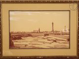 an old picture of a lighthouse in the middle of a desert