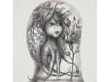 a black and white drawing of a woman holding a flower