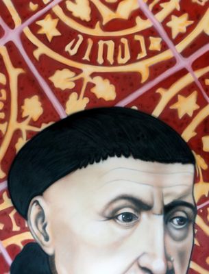 painting of a portrait of a man with a black hat and a red and yellow background