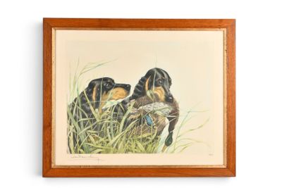 tableau représentant deux teckels noir et feu assis dans les hautes herbes