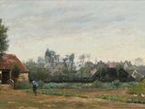 tableau représentant une scène de vie à la ferme, avec un homme et un chien au premier plan et un village à l'arrière-plan
