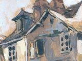 an oil painting of a house with a clock on the front of it
