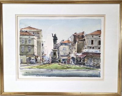 aquarelle encadrée représentant une scène de rue avec une statue en arrière-plan
