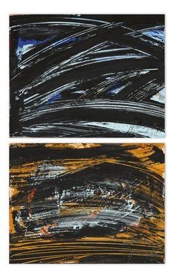 deux tableaux abstraits noirs et jaunes sur fond blanc