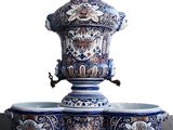 un vase bleu et blanc surmonté d'un oiseau