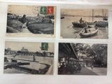 several old black and white photos of people and boats on a river