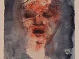 an image of a watercolor painting of a man ' s face with blood on it