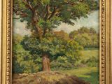 an oil painting of a tree in a field with rocks and grass