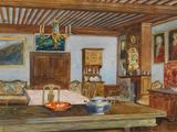 un tableau représentant un salon avec une table et des chaises