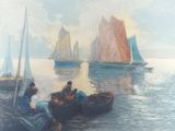 a painting of a group of people on a boat in the water