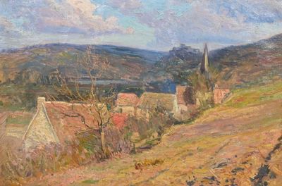 an oil painting of a rural landscape with houses and trees