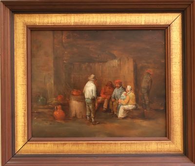 painting of a group of people in a barn with pots and barrels