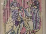 drawing of a group of people walking down a street with luggage