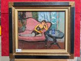 un tableau représentant une femme assise sur un canapé rose