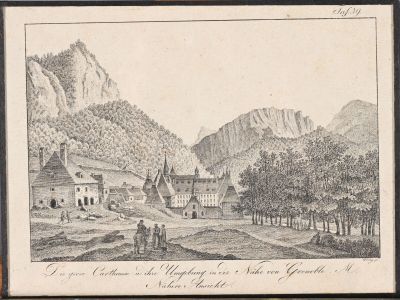 an old drawing of a village with a mountain in the background