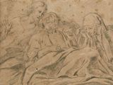 an old drawing of a group of people sitting on top of a bed
