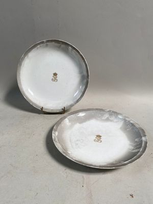 une paire d'assiettes blanches et argentées ornées de motifs dorés