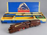 an old toy train engine in a box with a train hornby logo