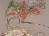 a painting of a woman with flowers in a vase