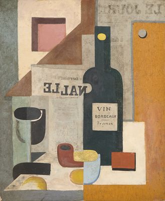 une peinture représentant une bouteille de vin et un verre de vin posés sur une table