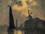 tableau représentant un voilier sur une rivière, avec un moulin à vent en arrière-plan