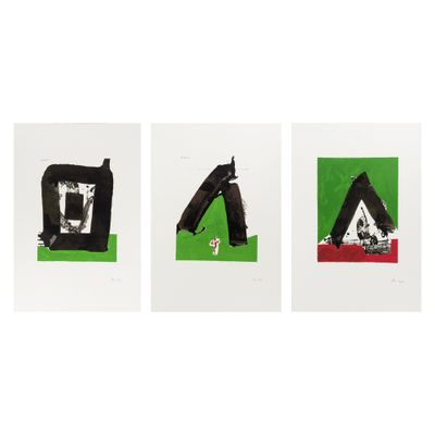 trois reproductions de tableaux noirs et verts sur fond blanc