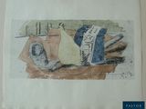 a drawing of a pear and a bottle on a table