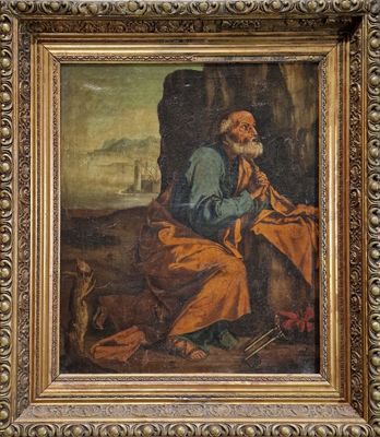 un vieux tableau représentant un homme assis sur un rocher avec un chien