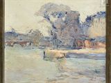 an image of a painting of a landscape with cows in the water