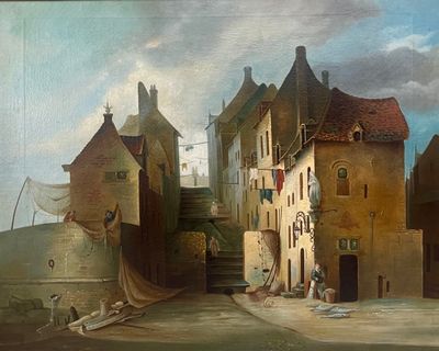 un tableau représentant une scène de rue avec un château en arrière-plan