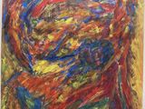 an abstract painting of a woman ' s face with red, yellow, and blue colors
