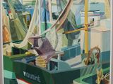 une photo d'un tableau représentant un bateau dans un port