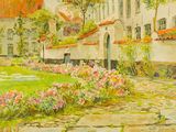 un tableau représentant un jardin avec des fleurs et un bâtiment en arrière-plan