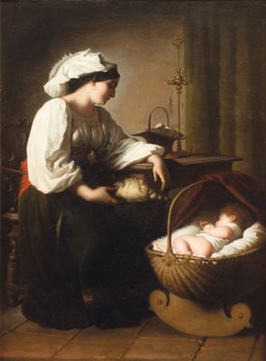 painting of a woman holding a baby in a basket next to a baby in a crib