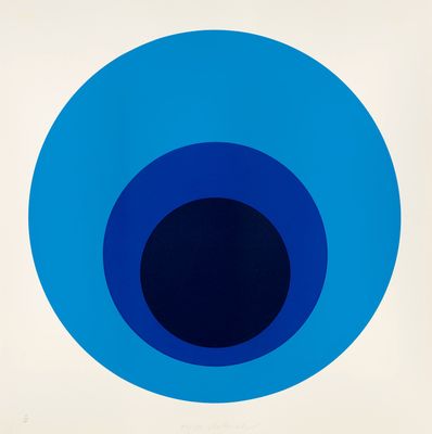 an image of a blue circle with a black center on a white background