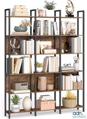 the bookshelf is made of wood and metal with a lot of books on it