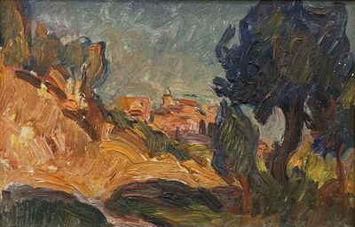 une peinture à l'huile représentant un paysage avec des arbres et une colline