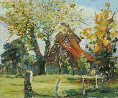 une peinture à l'huile représentant une scène de ferme avec une grange en arrière-plan