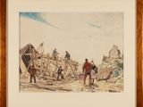 painting of a group of men working on a boat in the water