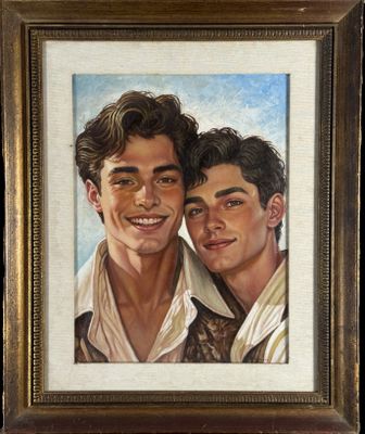 painting of two young men in white shirts posing for a picture